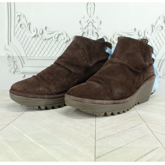 Fly London Yebi Brown Suede Slip On Round Toe Wedge Ankle Boots Size 10 - Picture 2 of 9